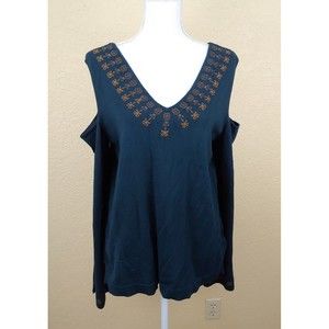 Love Scarlett Cold Shoulder Sweater Large Green Embroidered Boho V Neck Womens